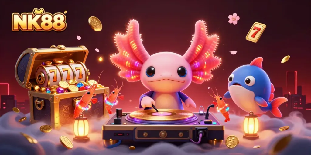 Engage with NK88's thrilling casino games surrounded by colorful animations and characters.