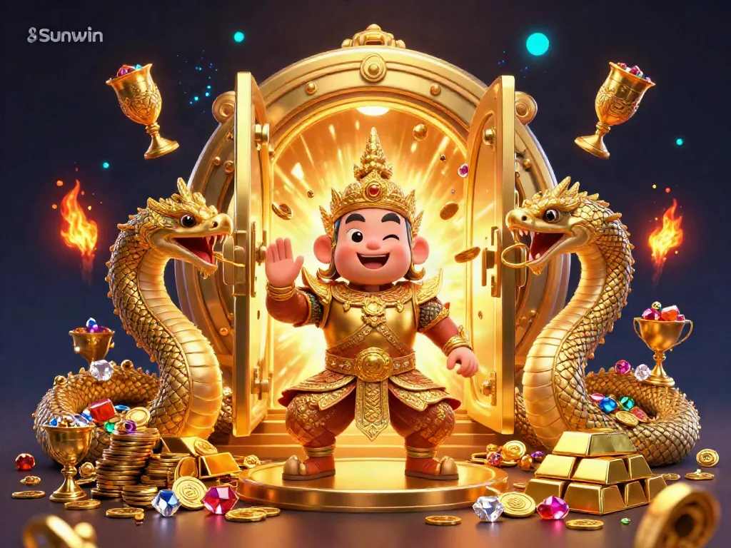Experience the thrill of Sunwin with a vibrant 3D digital casino scene featuring treasures and guardian elements.