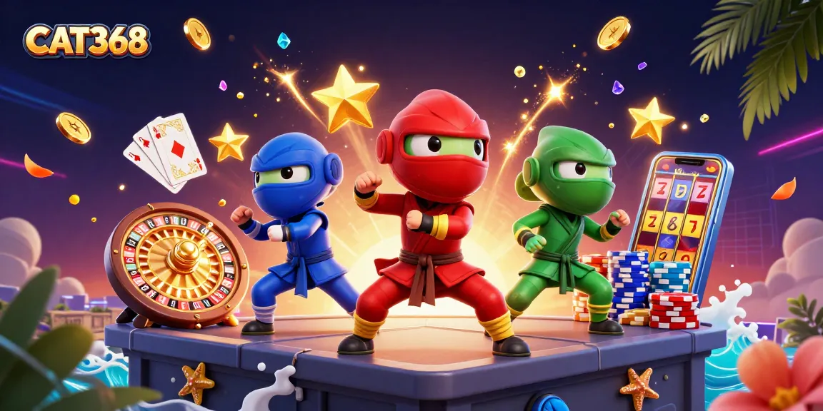 Engage with CAT368 in a vibrant casino scene featuring chameleon ninjas and sparkling treasures.