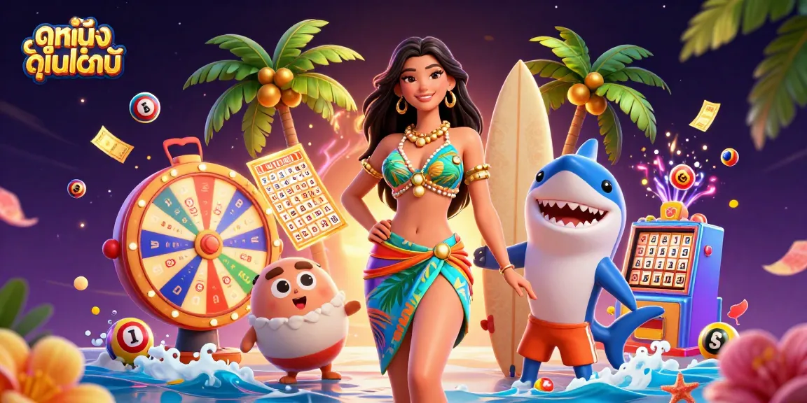 Experience ดูหนังออนไลน์ with a vibrant 3D illustration featuring a glamorous woman and a fun shark surrounded by lotto elements.