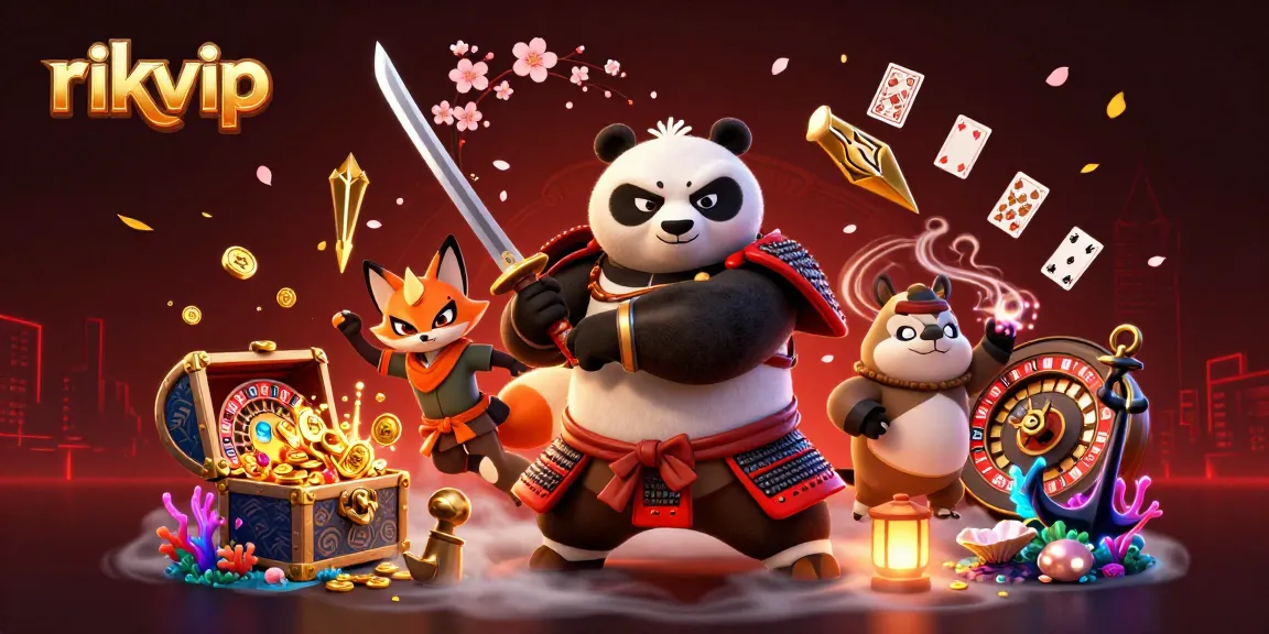 Experience thrilling action with rikvip in this vibrant 3D illustration showcasing a samurai panda and ninja fox among casino elements.