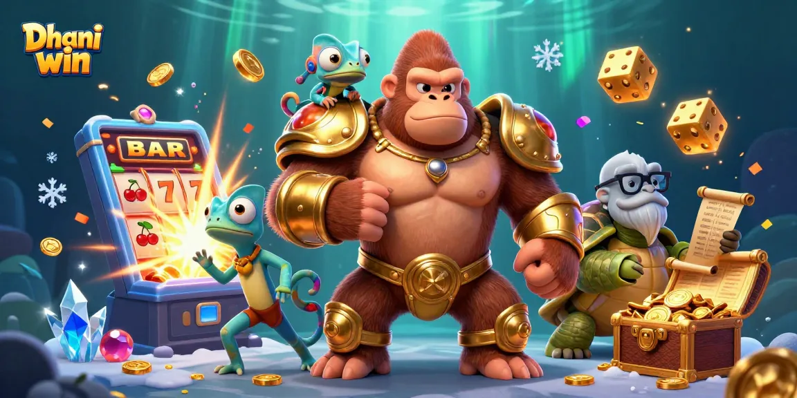 Dhani win showcases exciting gameplay with a vibrant slot machine and engaging characters in a colorful casino scene.