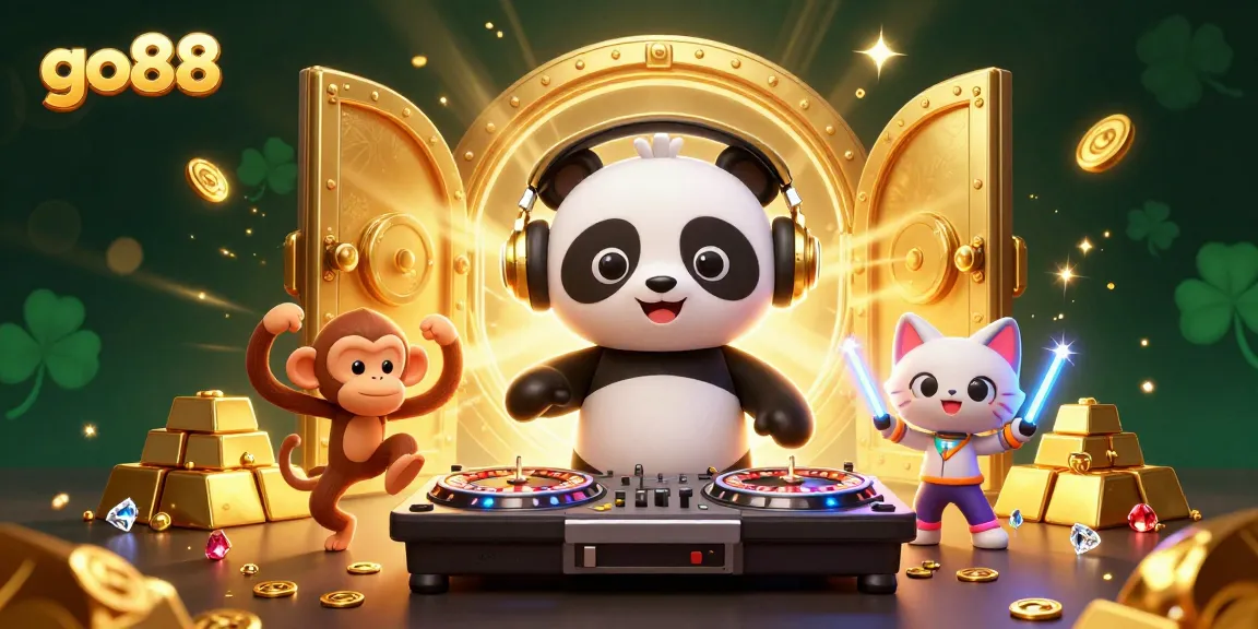 Experience the excitement of go88 with a DJ panda and treasures overflowing in an animated casino scene.
