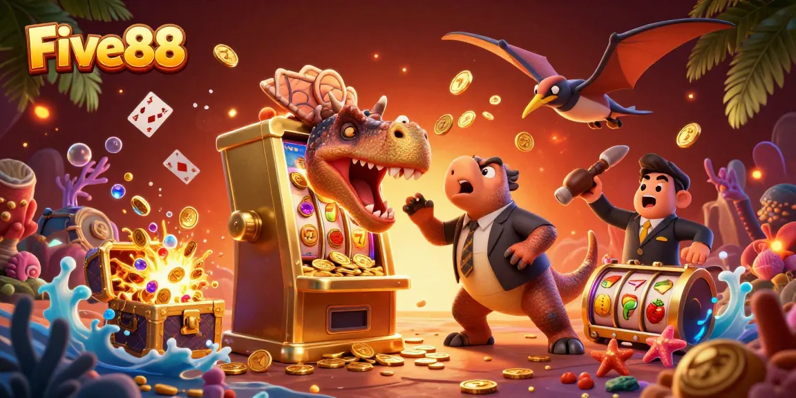 Five88 casino scene with characters celebrating a jackpot win and flying coins amidst a vibrant casino setting.