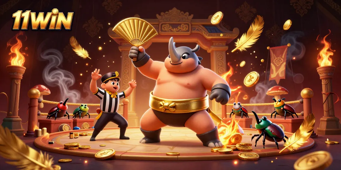 11WIN game scene featuring a rhinoceros beetle champion amidst swirling coins and vibrant casino elements.