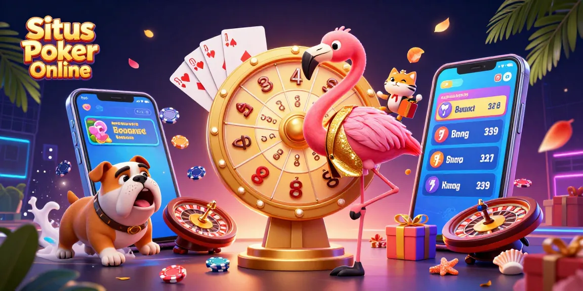 Situs Poker Online lively gaming scene featuring a flamingo game show host, bulldog contestant, and cat scoreboard assistant