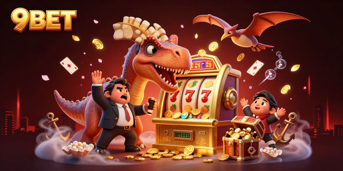 9BET players enjoy a dynamic scene with a pachycephalosaurus winning jackpots at a slot machine amidst flying coins.