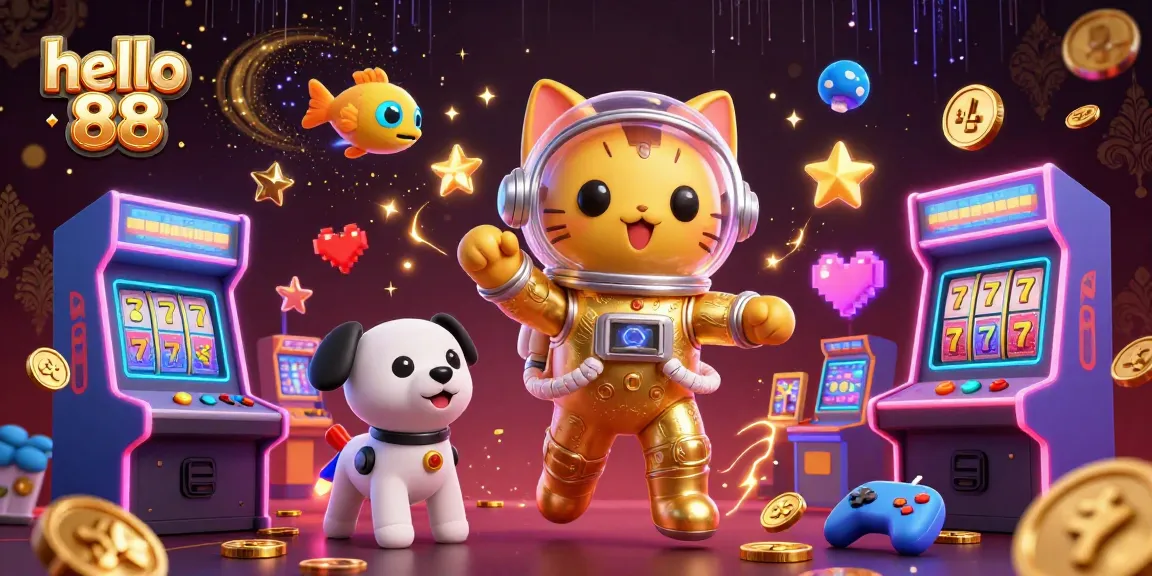 Experience the thrill at hello 88 with a dynamic 3D illustration featuring a floating space cat and engaging casino elements.