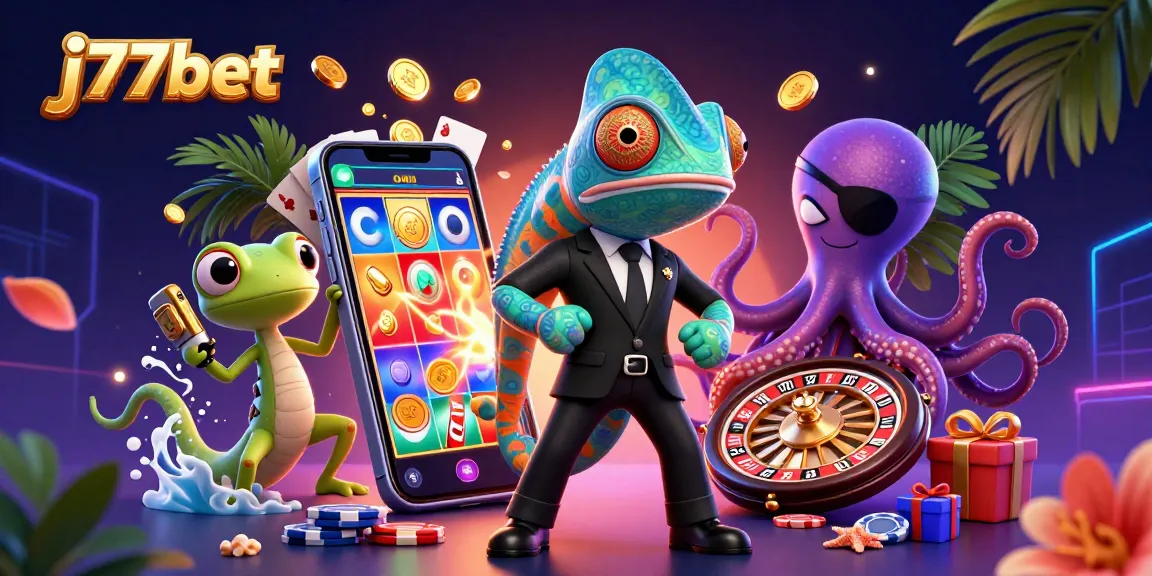 Experience thrilling gameplay with j77bet's cartoon characters in a vibrant 3D casino illustration.