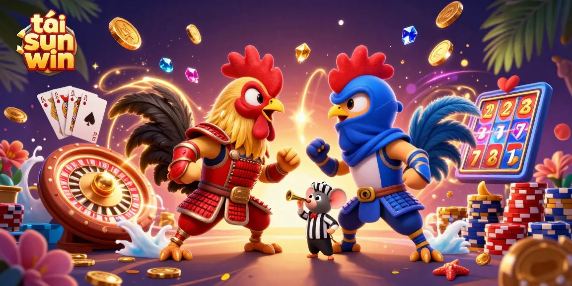 Experience the excitement of tải sun win with a dramatic rooster showdown in a colorful casino scene.