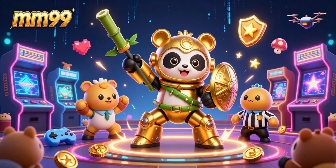 Experience the excitement of mm99 in a vibrant 3D illustration featuring a golden panda in a mech-suit.