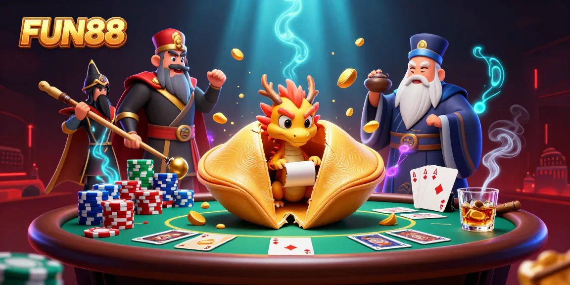 Engage with the vibrant FUN88 casino world through a lively 3D illustration showcasing fortune, poker elements, and characters.