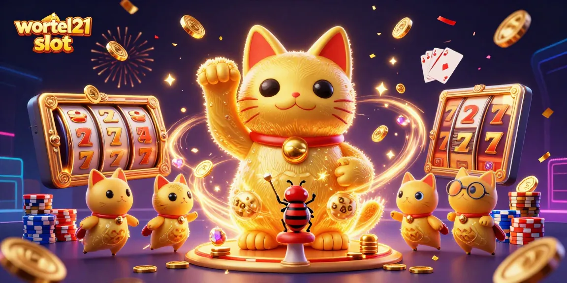 Engage with wortel21 slot through this vibrant and dynamic 3D illustration featuring a lucky cat and dazzling casino symbols.