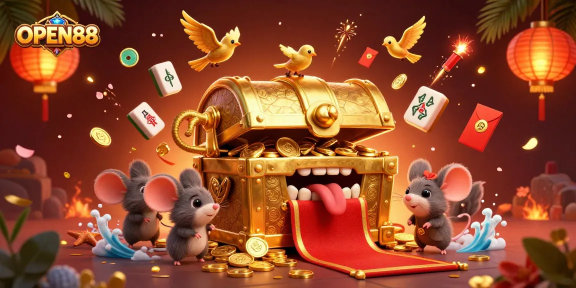 Experience thrilling rewards at OPEN88 with a dazzling 3D treasure chest surrounded by festive casino elements.