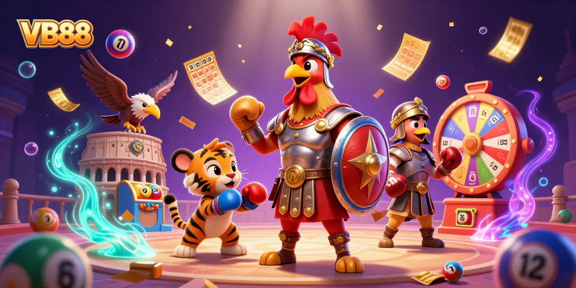 Win big with VB88 as a gladiator rooster and friends battle for casino prizes in vibrant 3D action.