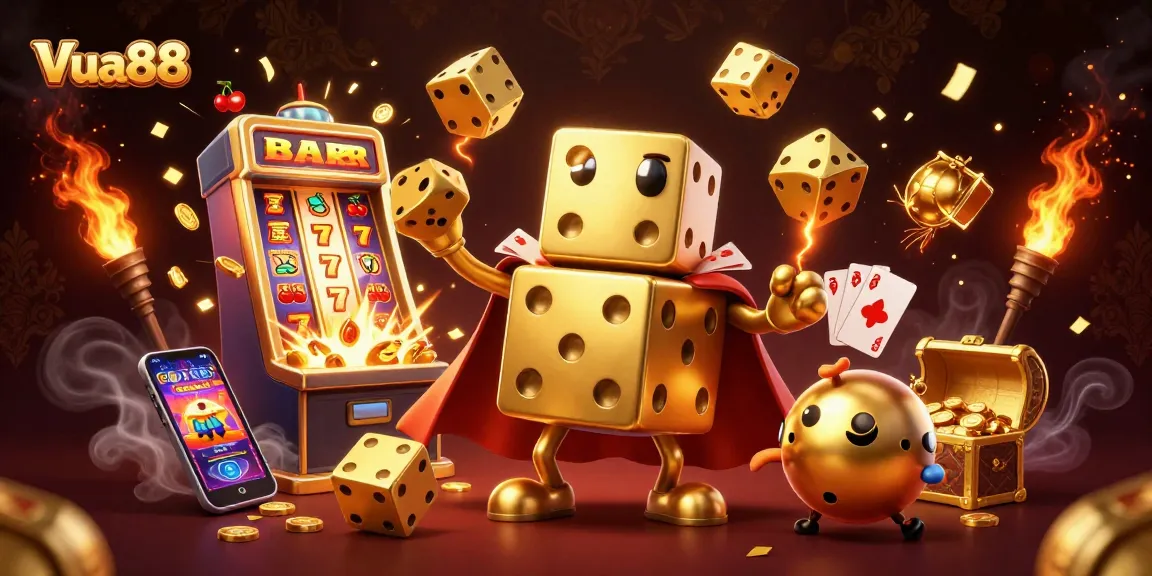 Experience thrilling wins at Vua88 with an explosive golden dice golem and vibrant casino elements.