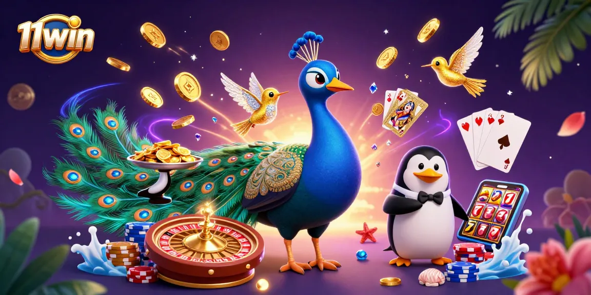 Engage with 11win's colorful casino scene showcasing vibrant characters and captivating gaming elements.