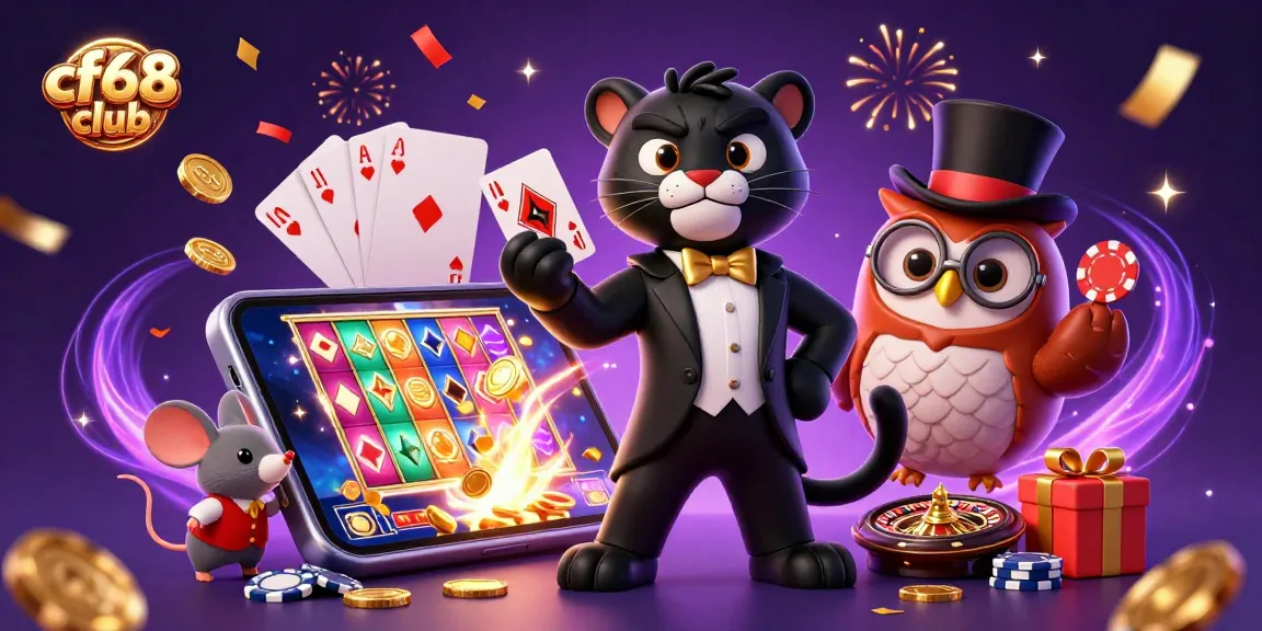 Join the excitement at cf68 club with a stylish panther and friends in a vibrant casino scene.