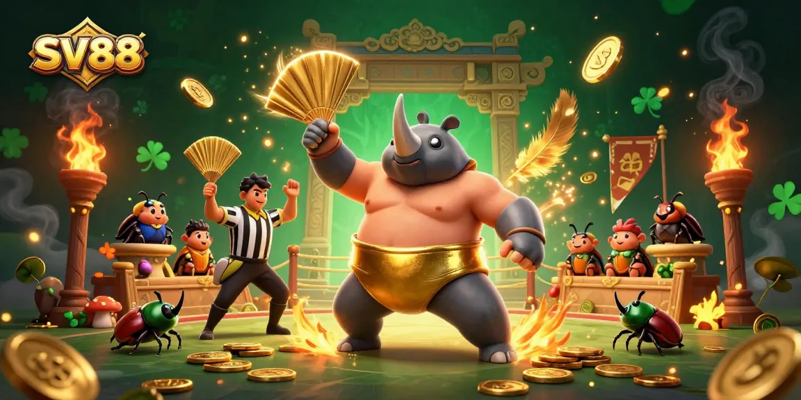 SV88 showcases an exciting casino scene with beetle champions and dynamic betting action.