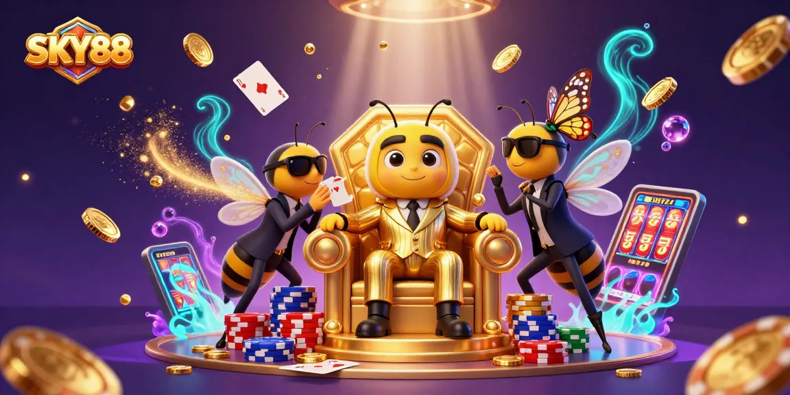 Experience exciting gaming action with SKY88 in a vibrant 3D casino scene featuring opulent characters and iconic gambling symbols.