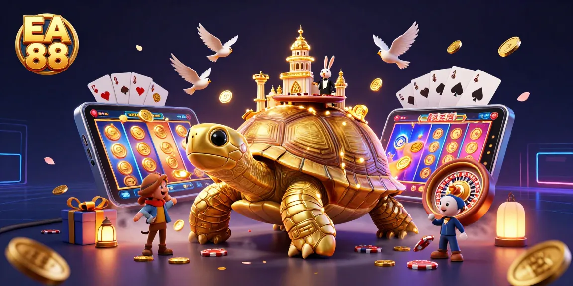 Experience thrilling action with EA 88 as a rabbit dealer manages a lively card table on a giant golden tortoise.