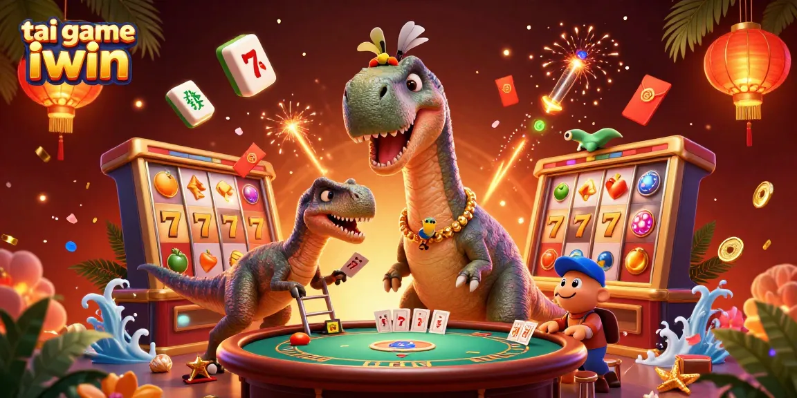 Engage in tai game iwin as dinosaurs deal cards at a vibrant casino scene.