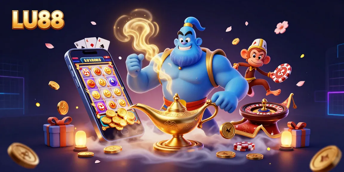 LU88 showcases a magical casino scene with a genie, colorful slot game, and vibrant poker chips.