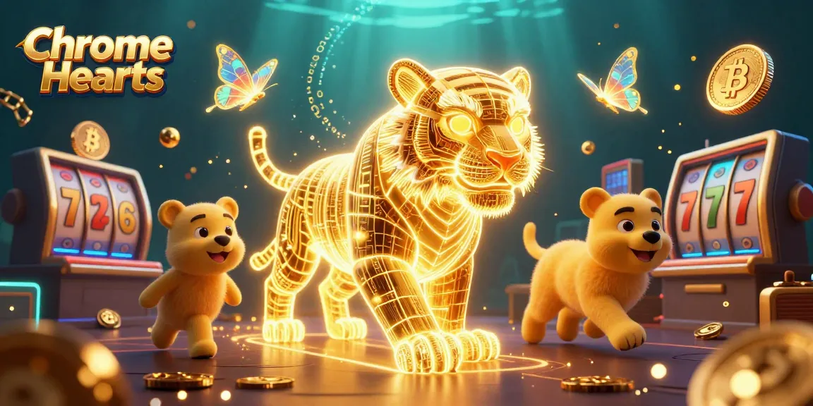 Experience thrilling wins in Chrome Hearts with neon tiger, slot reels, and crypto coins in a vibrant casino.