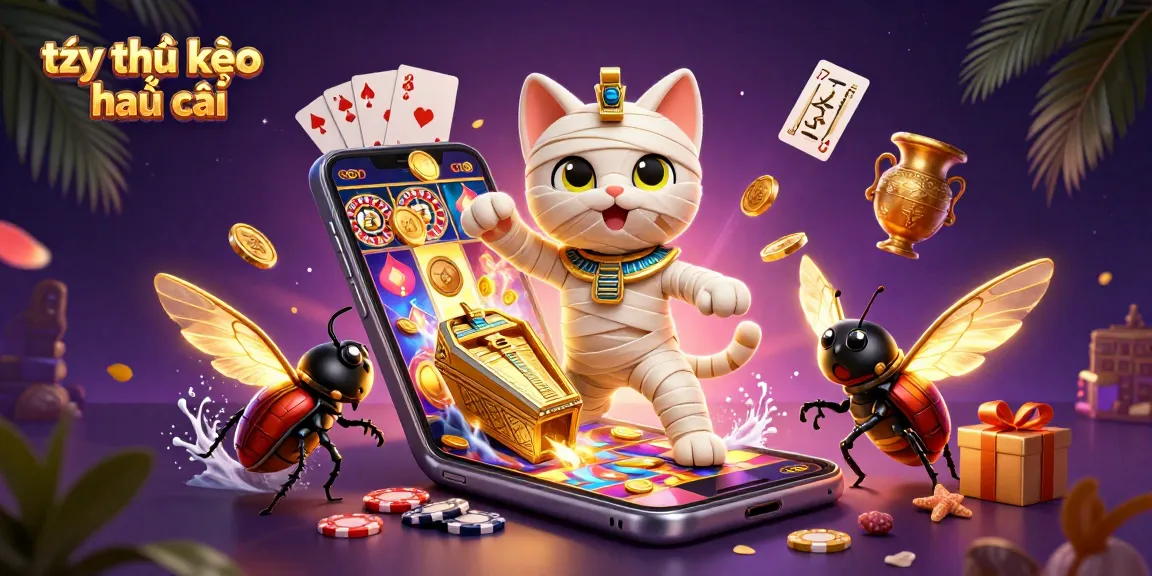 Engaging scene depicting tỷ lệ kèo nhà cái with a mummy cat and glowing scarab in a pyramid casino.