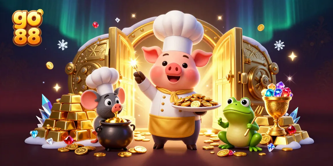 Engage with go 88's thrilling treasure scene featuring a chef pig, sous-chef mouse, and critic frog amidst gold and gems.