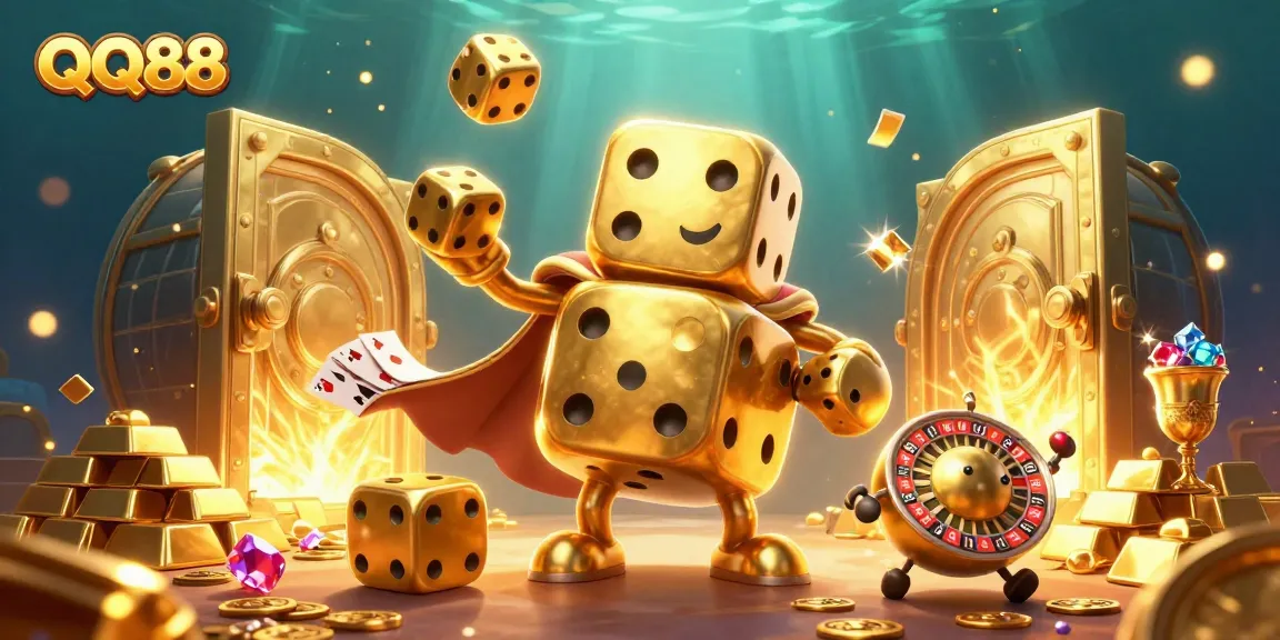 Engage in thrilling action with QQ88’s captivating casino illustration showcasing golden dice and vibrant gems.