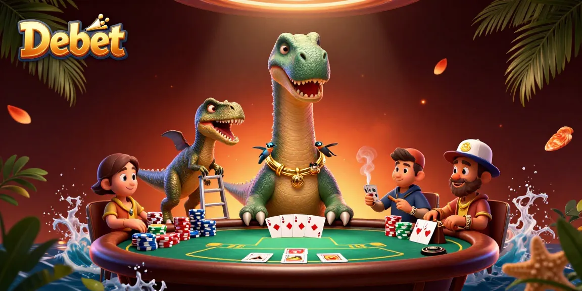 Debet offers exciting poker action with a towering brontosaurus dealer in a vibrant scene.