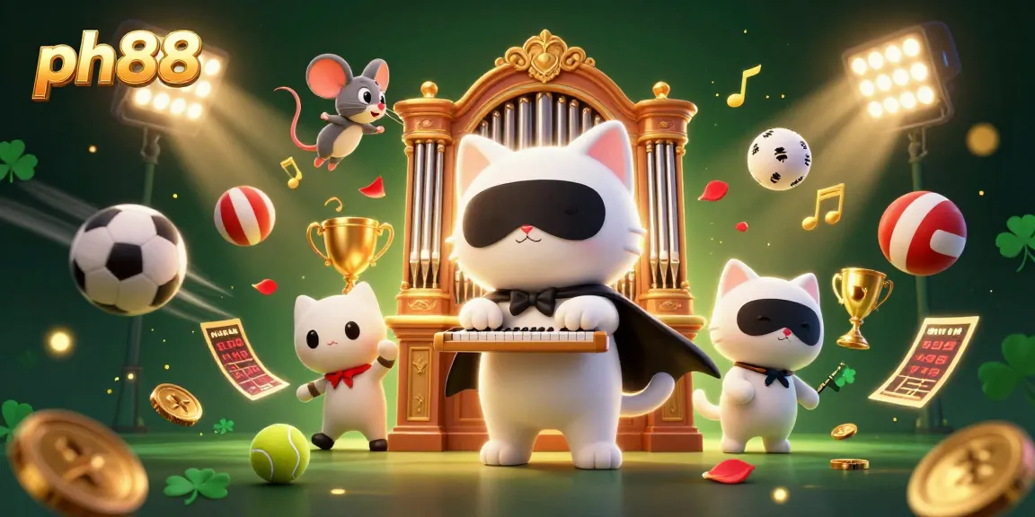 Experience excitement at ph88 with a dynamic cartoon scene of a phantom cat, sports elements, and soaring gold coins.