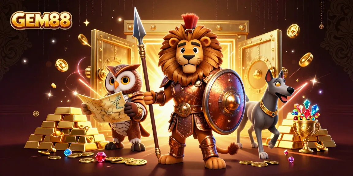 Experience excitement at GEM88 with a Spartan lion and treasures in a vibrant casino scene.
