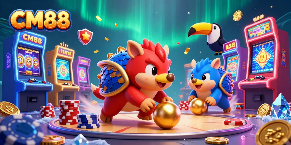 CM88 features rival pangolins competing in an energetic casino scene filled with vibrant slot machines and poker chips.
