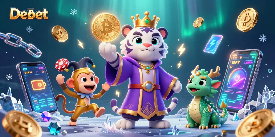 Engage with Debet, where a whimsical tiger and monkey navigate a vibrant casino scene filled with cryptocurrencies and playful elements.