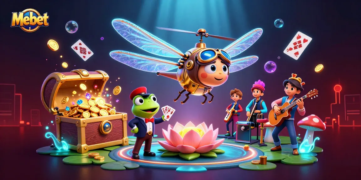 Mebet delivers vibrant casino action with a dragonfly pilot, frog dealer, and jazzy cricket musicians.