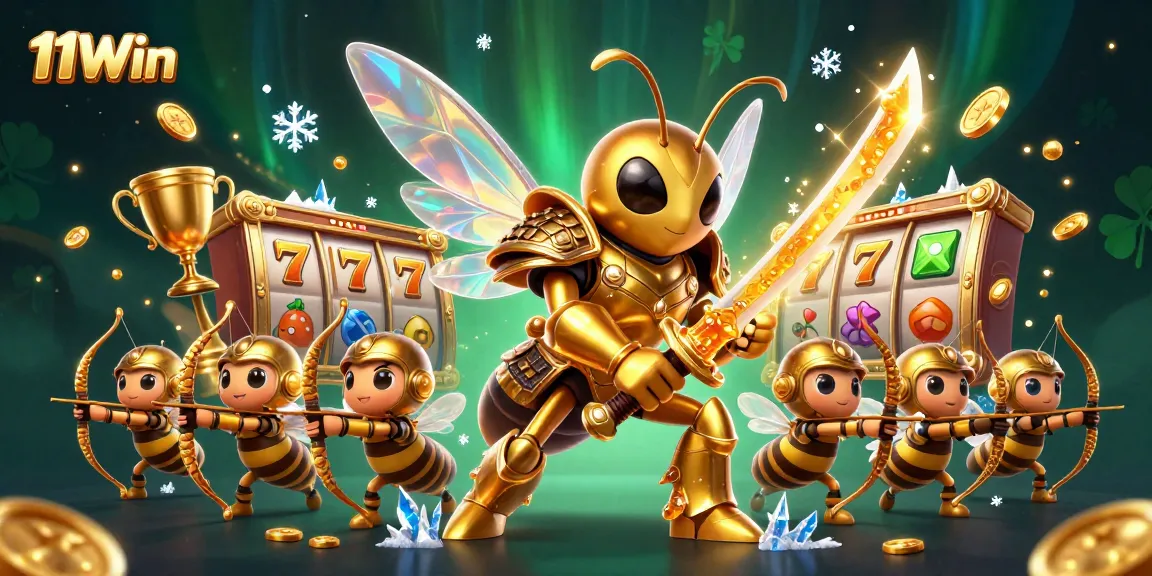 Play 11Win casino games with a vibrant 3D golden hornet samurai and slot elements.