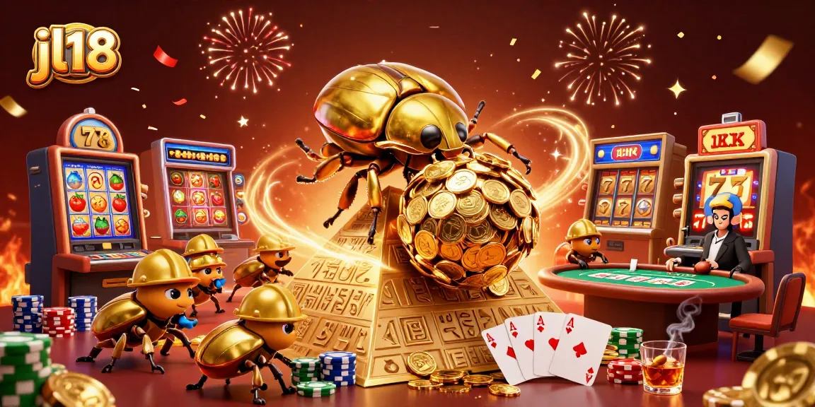 Experience thrilling gameplay at jl18 with vibrant slot machines, golden beetles, and exciting casino action.