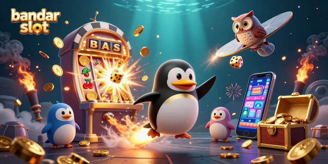 Experience the excitement of bandar slot with a dynamic illustration showcasing a golden penguin and jackpot elements.