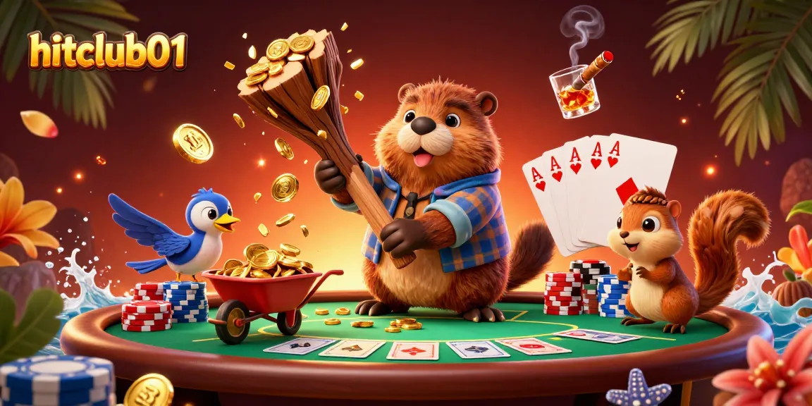 Experience excitement with hitclub01 in a dynamic 3D casino scene featuring animated characters and poker elements.