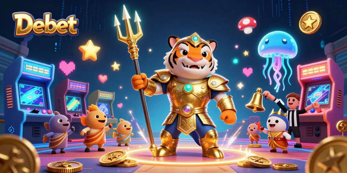 Engage with Debet's vibrant casino adventure featuring a valiant shark and animated game machines.