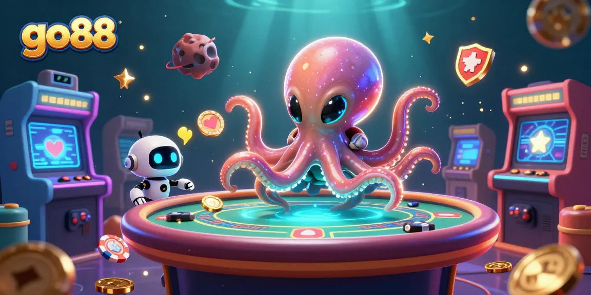 Experience thrilling gaming at go88 with an alien octopus managing a glowing poker table.