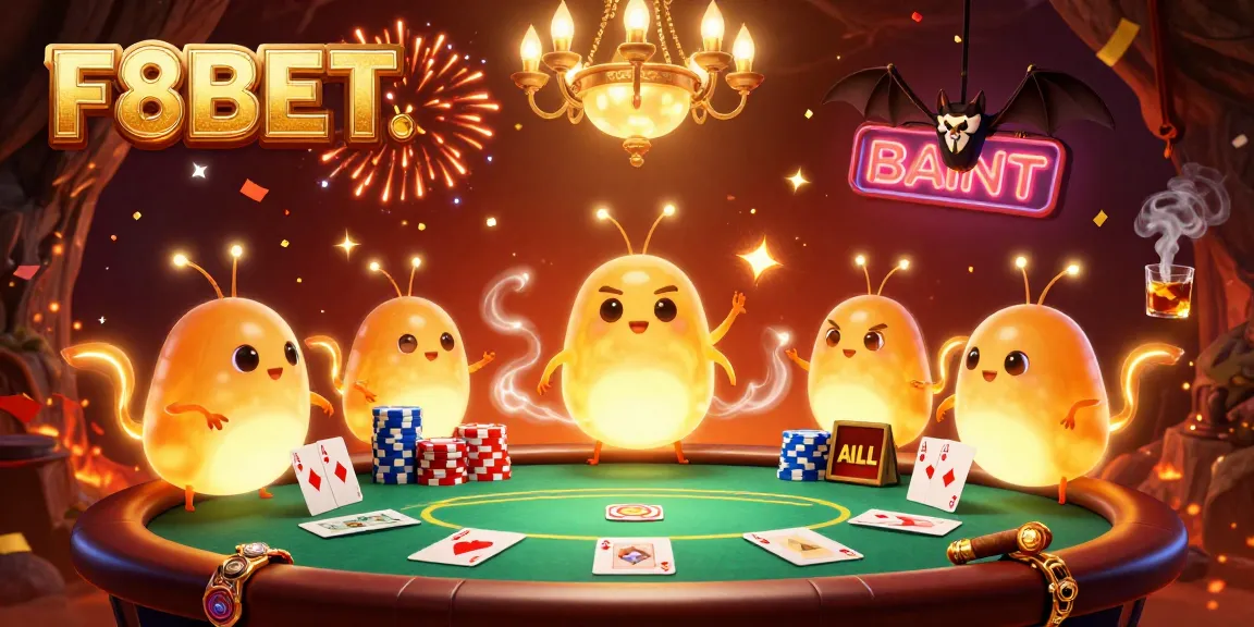 Experience F8BET's vibrant 3D casino scene with glowing glowworms and a bat dealer.