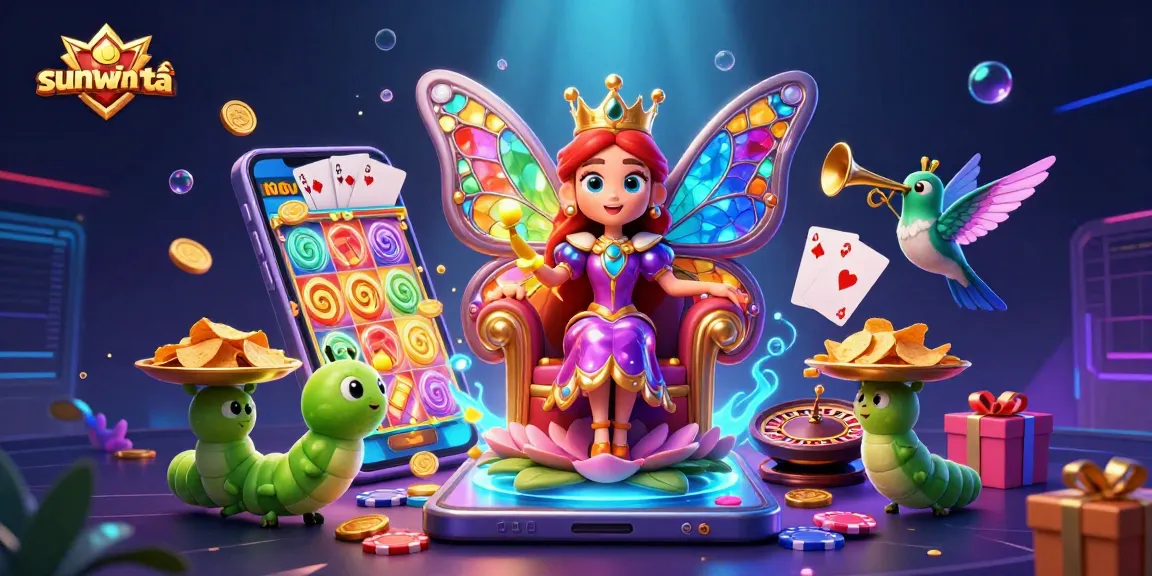 Catch the excitement with sunwin tải featuring a vibrant 3D illustration of casino elements and lively characters.