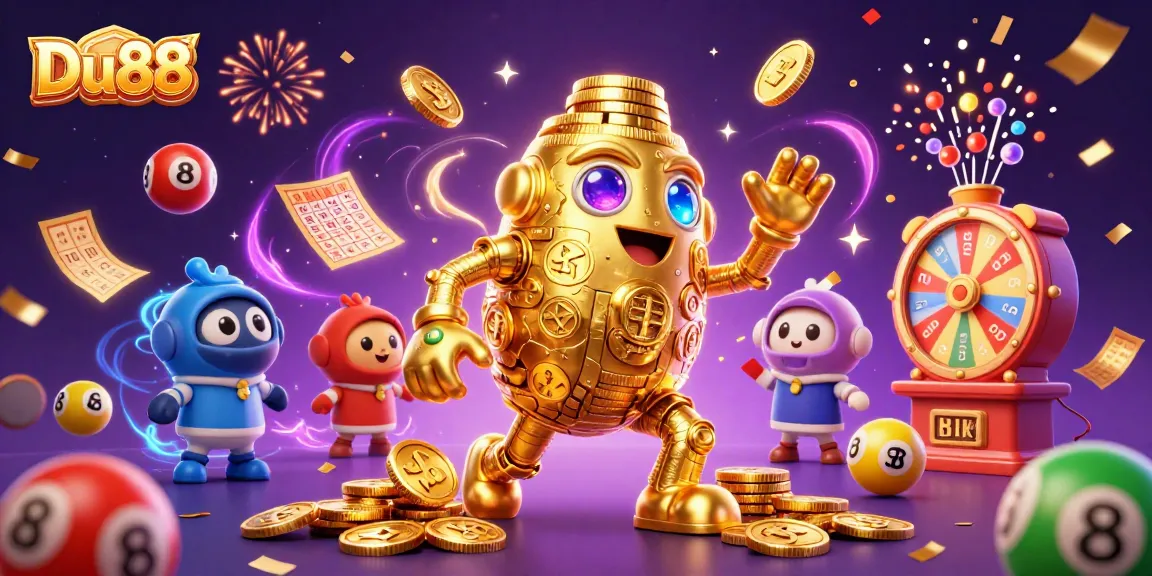 Join the action with Du88's vibrant lottery scene featuring bouncing balls and dynamic golem characters!