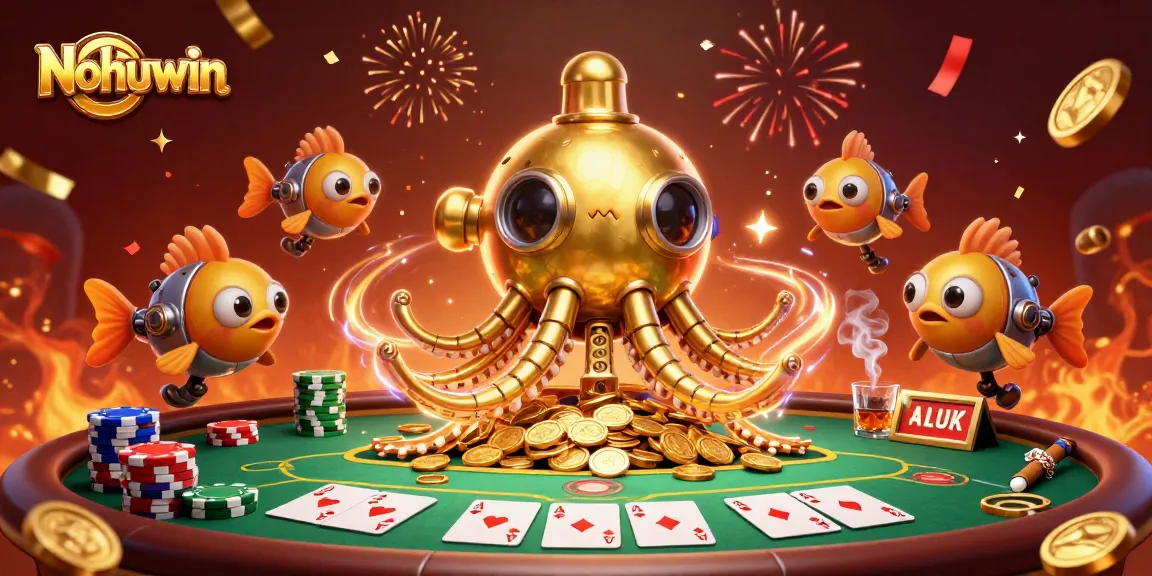 Nohuwin offers an exciting casino experience with a vibrant illustration of a magical kraken submarine and poker elements.