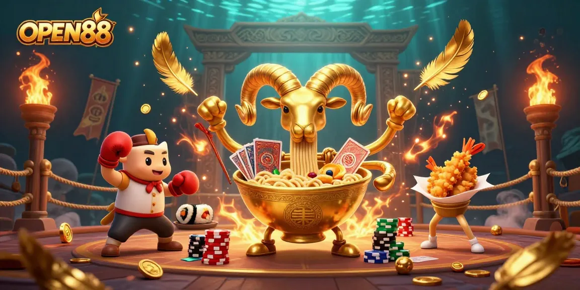 Engage with OPEN88's casino energy through a dynamic 3D illustration featuring playful characters and vibrant game elements.