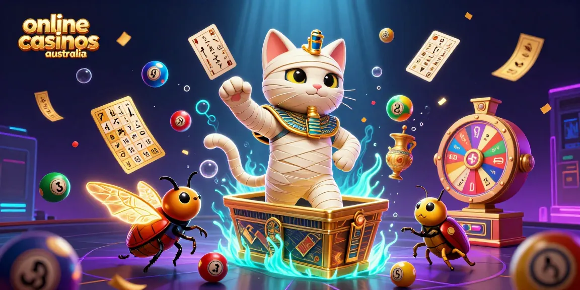 Experience online casinos Australia with a vibrant 3D illustration showcasing an Egyptian mummy cat, colorful lottery elements, and lively game visuals.