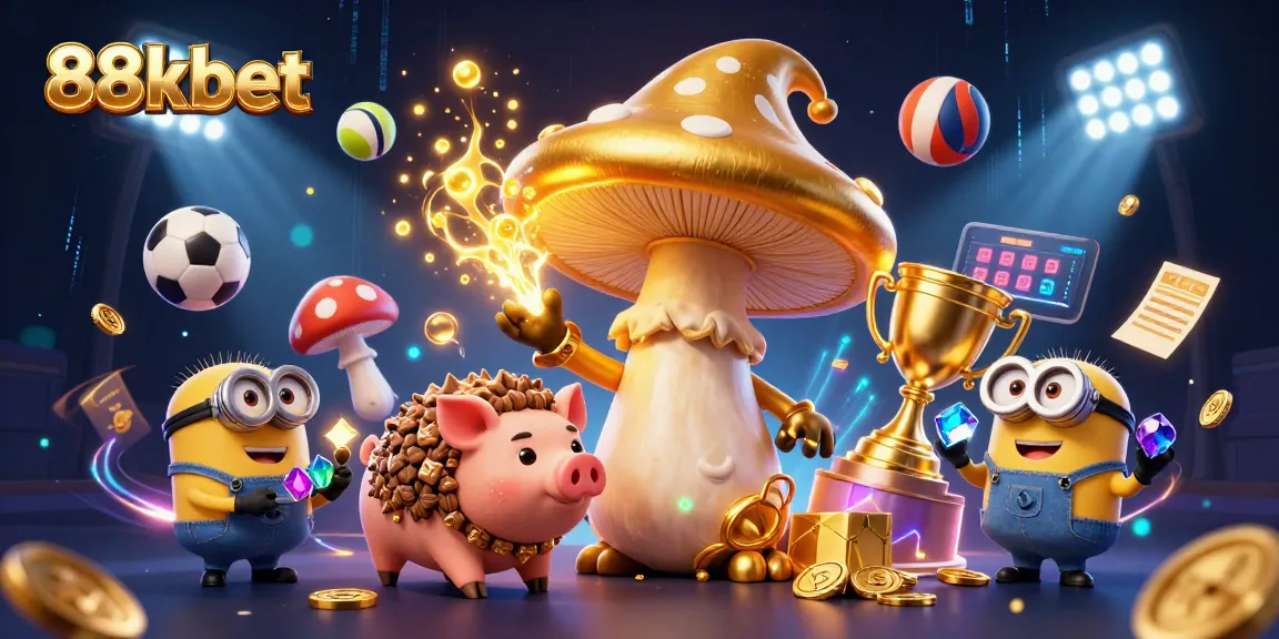Experience exhilarating betting adventures with 88kbet, featuring a magical golden mushroom wizard and dynamic sports elements.